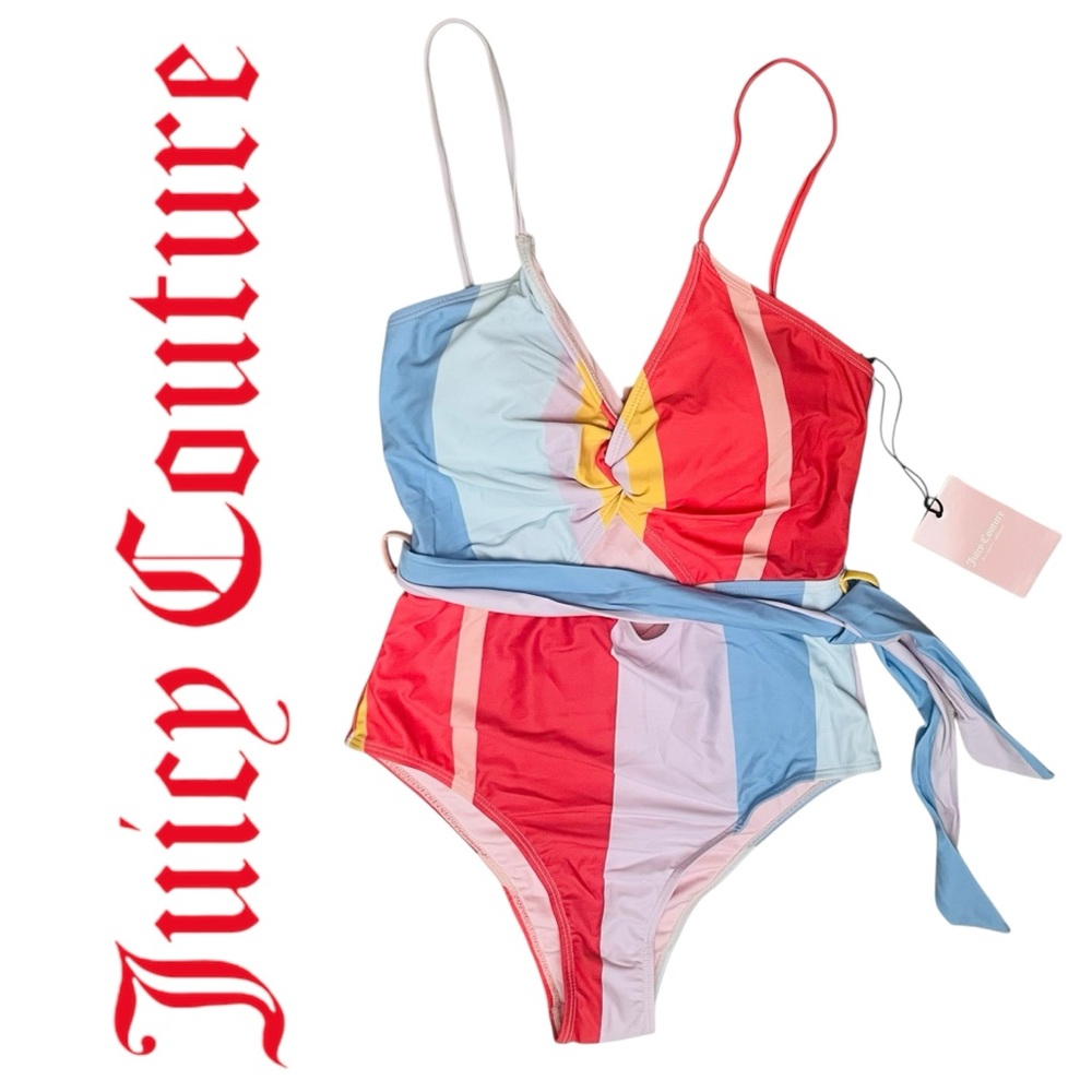 Juicy Couture One Piece Swimming Coral Twist Belted Keyhole Front Sz M NEW